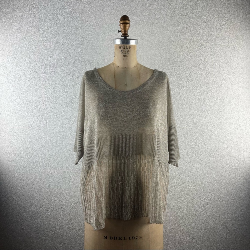 Lauren Vidal l L Silk Sheer Fine Woven Open Textured Gold Metallic Dolman Blouse
